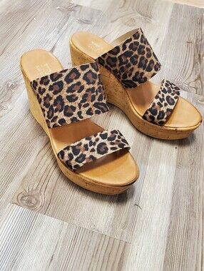 Italian Shoemakers Leopard Print Elastic Faux Cork Wedge Sandals, Size 6